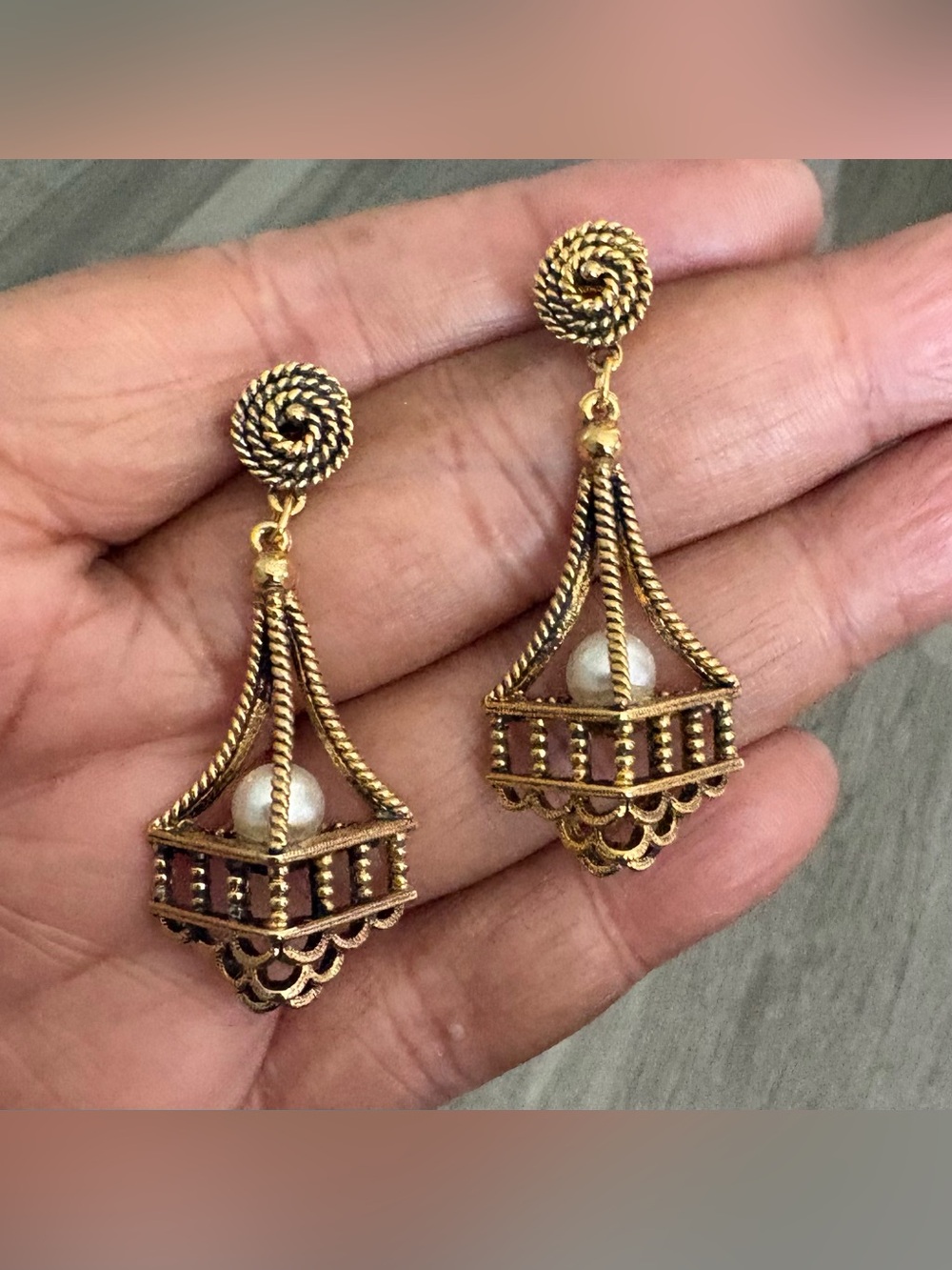 Vintage Gold Tone Pearl Dangle Statement Earrings